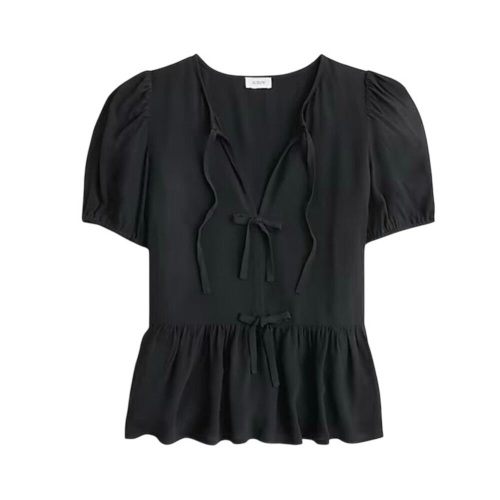 NWT J.Crew Factory Tie-Front Puff Sleeve Peplum Style Top Black Size 8